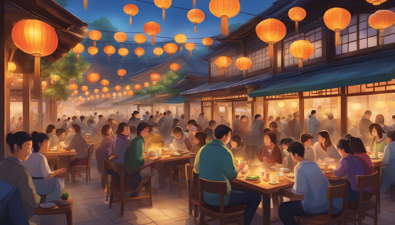 The bustling Oumi restaurant, filled with colorful lanterns and steaming bowls of noodles, surrounded by eager diners enjoying the lively atmosphere