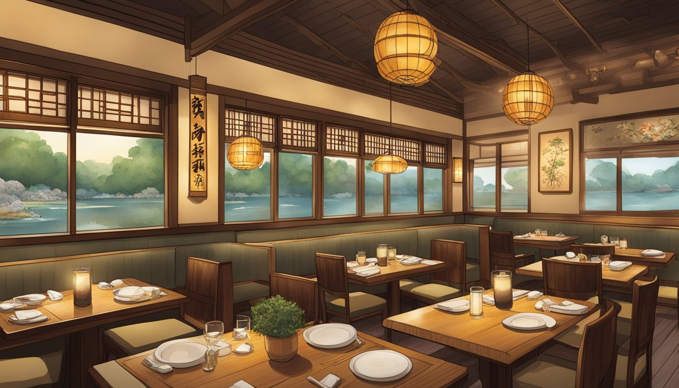 The Oumi restaurant is filled with warm lighting and cozy seating. The walls are adorned with traditional Japanese artwork, and the aroma of sizzling dishes fills the air