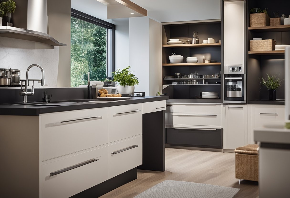 A lower countertop with easily accessible shelves and drawers, a step stool nearby, and adjustable height appliances