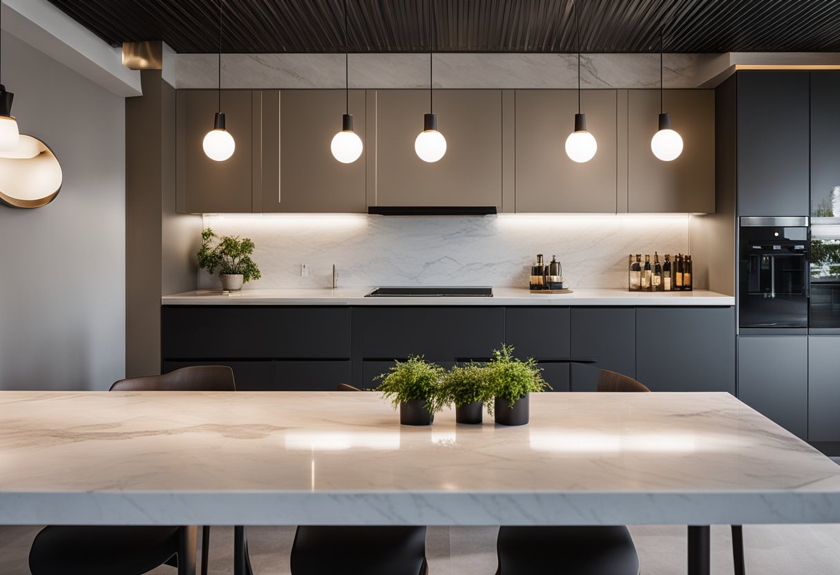 A sleek, modern kitchen bar counter with a marble top, minimalist pendant lights, and a row of high stools