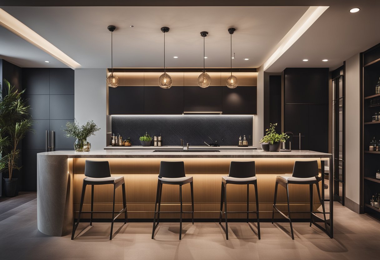 A modern kitchen bar counter with sleek granite top, stylish pendant lights, and comfortable bar stools