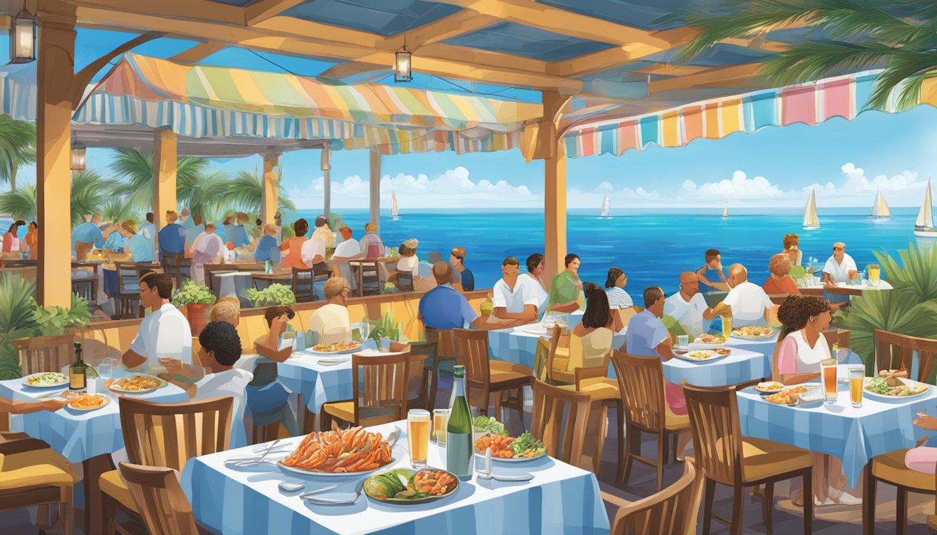 A bustling Riviera restaurant with outdoor seating overlooking the sparkling blue ocean and a colorful array of fresh seafood dishes on the tables