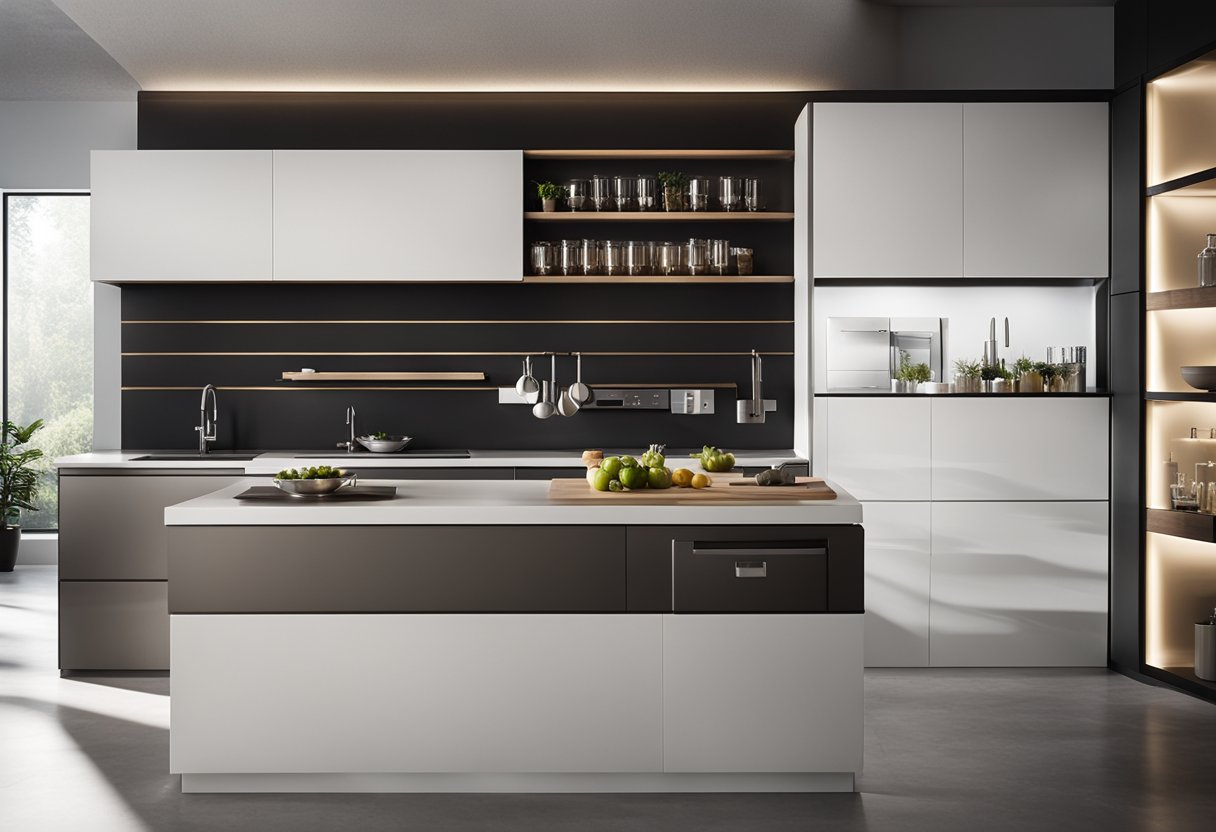 A sleek, modern kitchen bar counter with integrated storage solutions, maximizing space and functionality