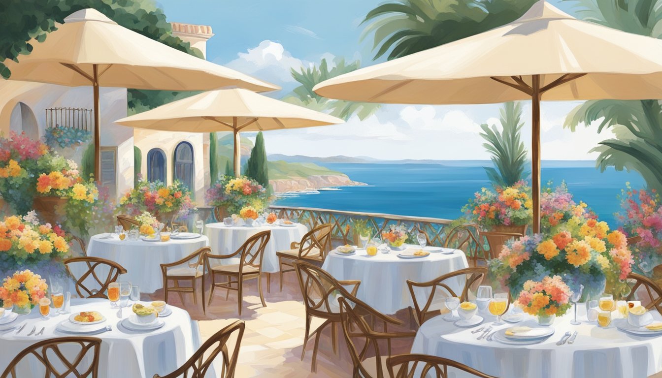 A sun-drenched terrace overlooks the sparkling sea. Tables are adorned with elegant white tablecloths and vibrant floral centerpieces. The menu features delectable Mediterranean dishes and fine wines
