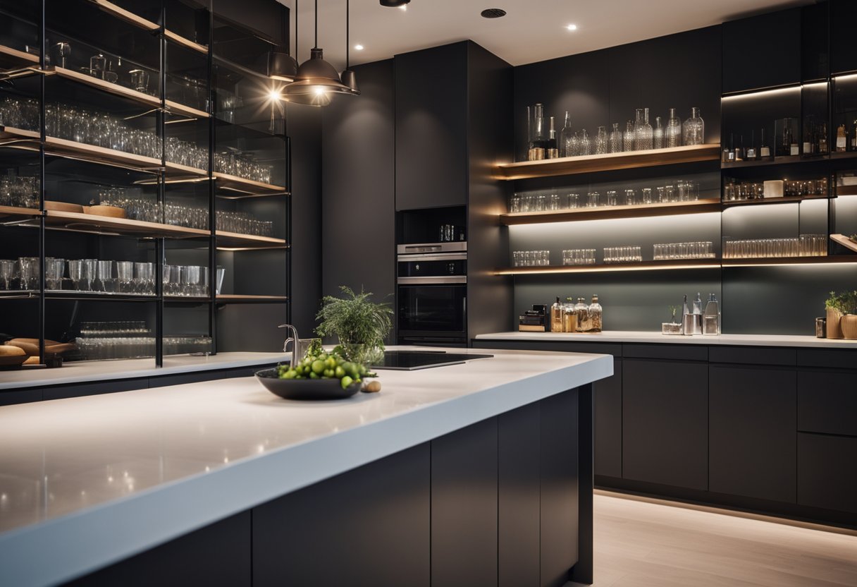 A sleek, modern kitchen bar counter with clean lines and minimalist design. Shelves neatly organized with various glassware and utensils. Bright lighting illuminating the space