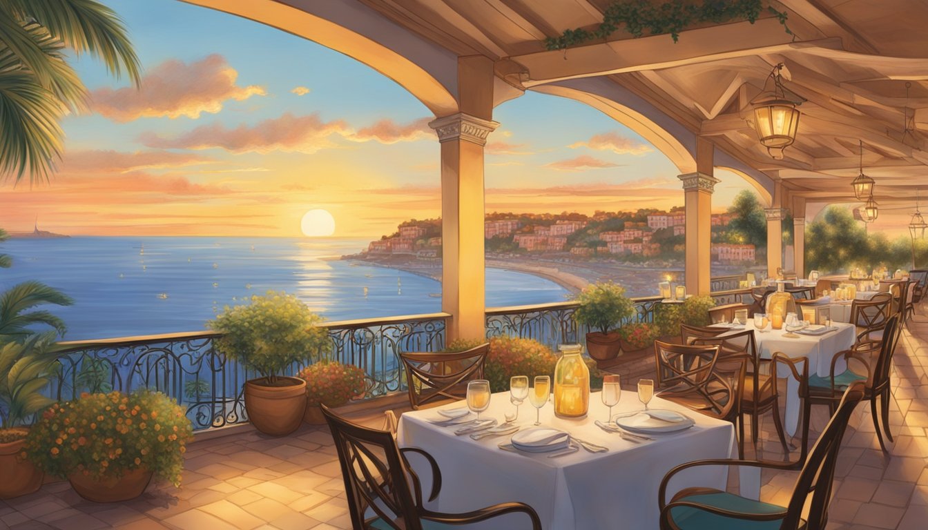 The sun sets over a bustling Riviera restaurant, casting a warm glow on the outdoor terrace. Guests dine al fresco, savoring exquisite dishes and clinking glasses as the sound of waves and laughter fills the air