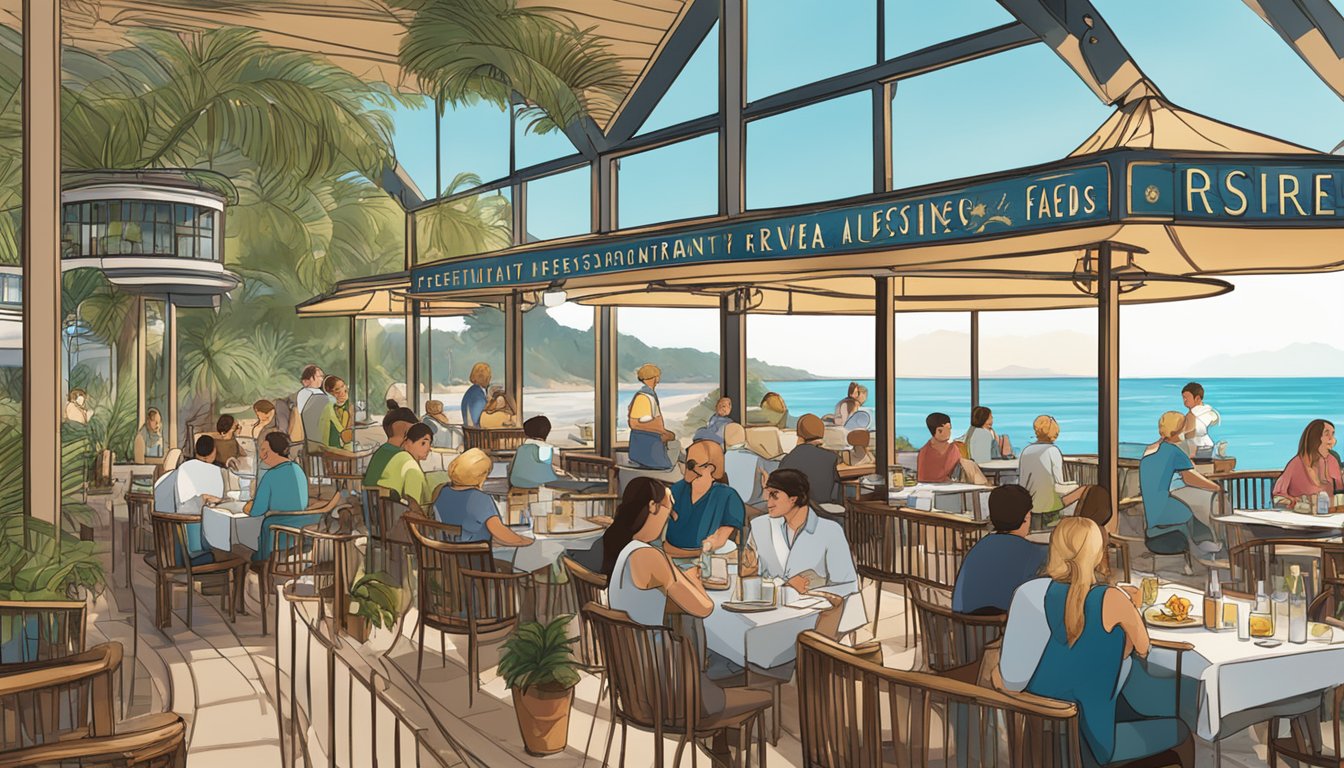 A bustling seaside restaurant with outdoor seating, a view of the sparkling ocean, and a sign that reads "Frequently Asked Questions Riviera Restaurant."
