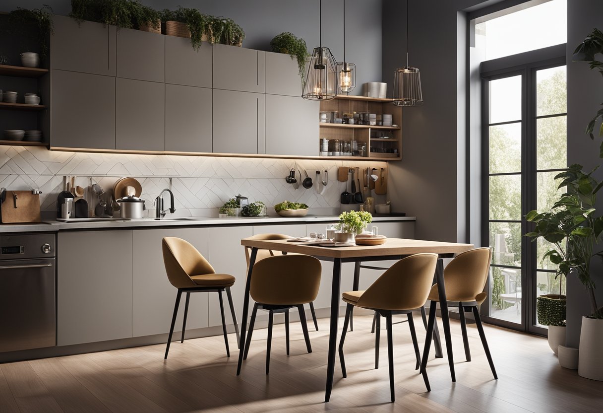 A cozy mini kitchen with sleek countertops, compact appliances, and clever storage solutions. A small dining area with a bistro table and stylish chairs completes the space
