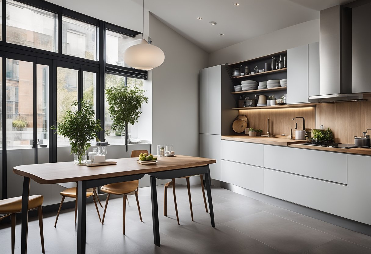 A small kitchen with sleek, space-saving cabinets, maximizing storage and functionality. Clean lines and modern finishes create a visually appealing aesthetic
