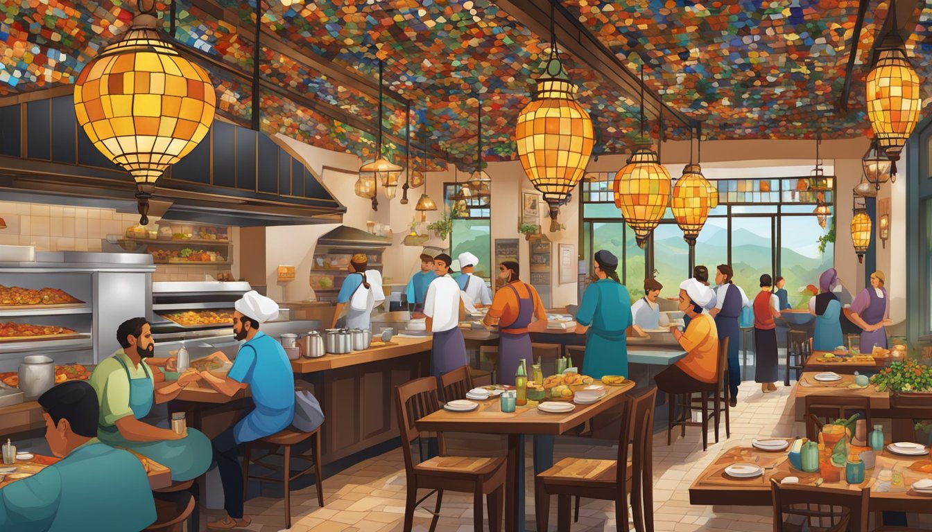 The bustling Mihrimah restaurant features colorful mosaic tiles, hanging lanterns, and a lively open kitchen with chefs preparing traditional Turkish dishes