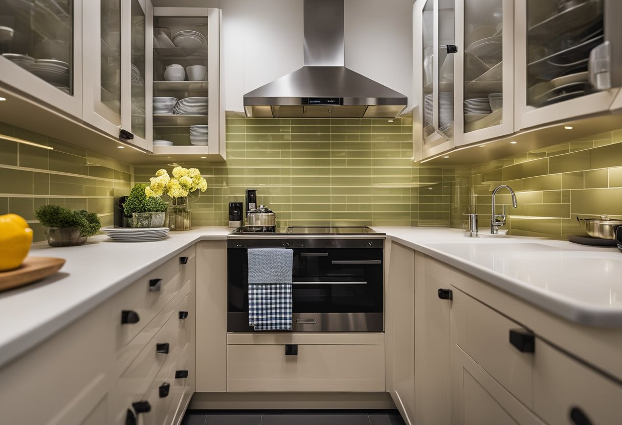 A small kitchen with neatly organized cabinets, maximizing space with clever storage solutions. Shelves and drawers are strategically placed for easy access to frequently used items