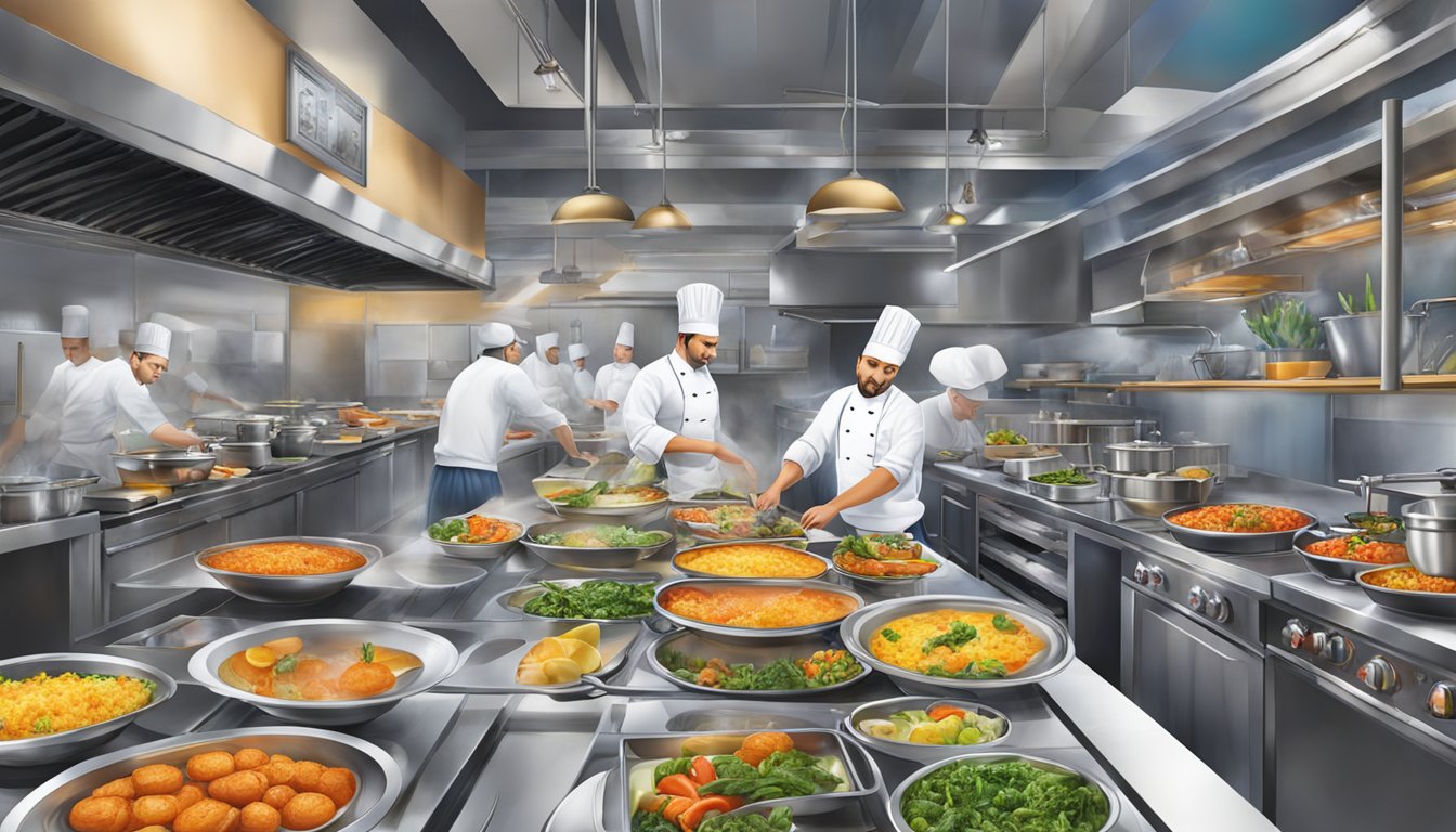A bustling kitchen at Mihrimah restaurant, with chefs expertly preparing colorful and aromatic dishes