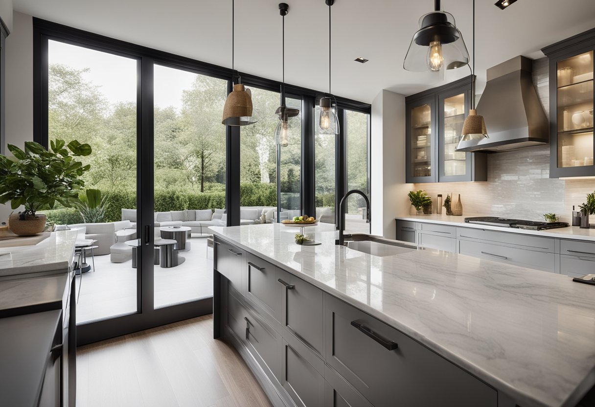 A modern kitchen with sleek cabinetry, marble countertops, and stainless steel appliances. The space is filled with natural light from large windows and features a stylish island with pendant lighting