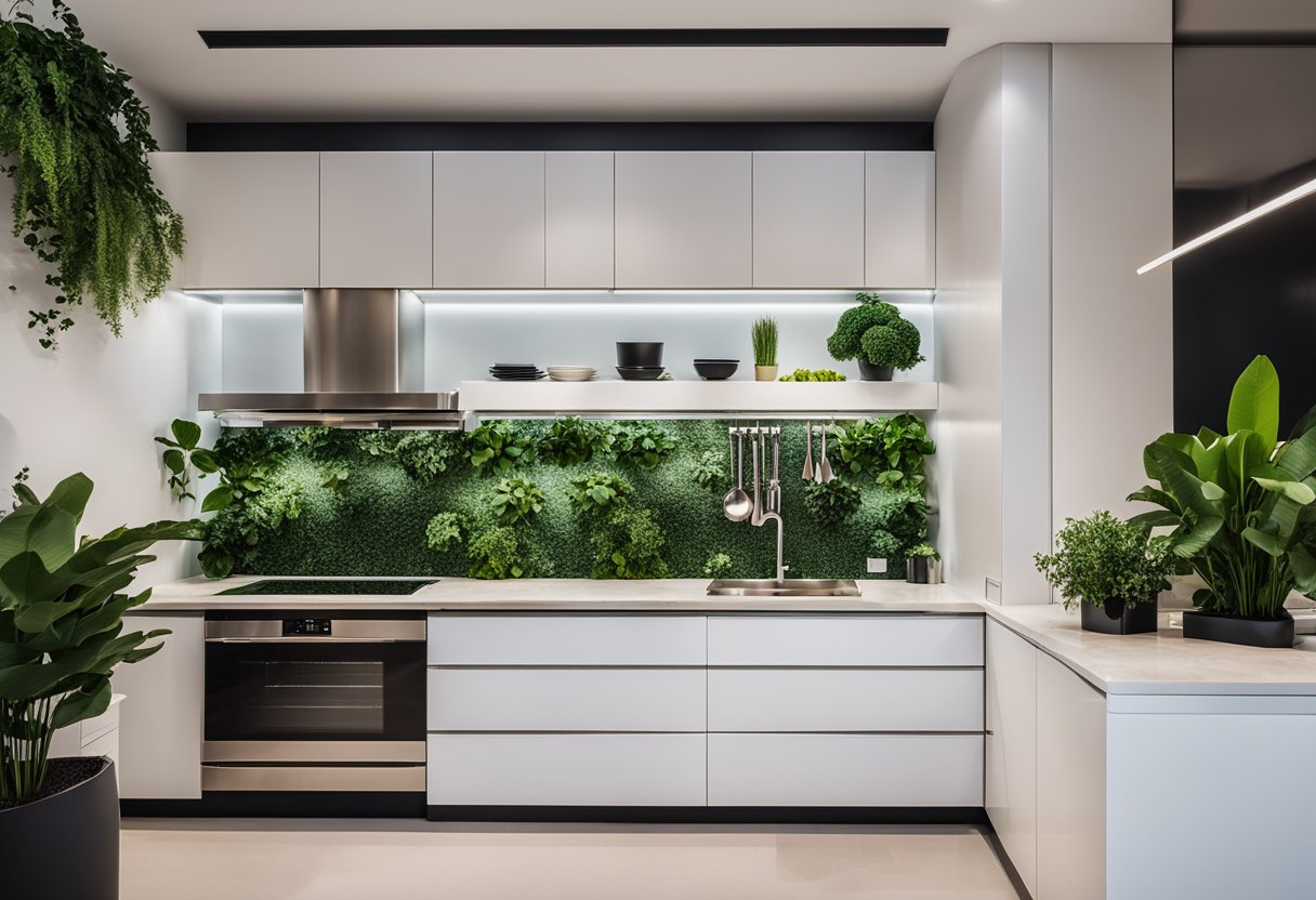 A sleek, modern mini kitchen with minimalist white cabinets, stainless steel appliances, and marble countertops. A pop of color is added with vibrant green plants and stylish, contemporary lighting fixtures
