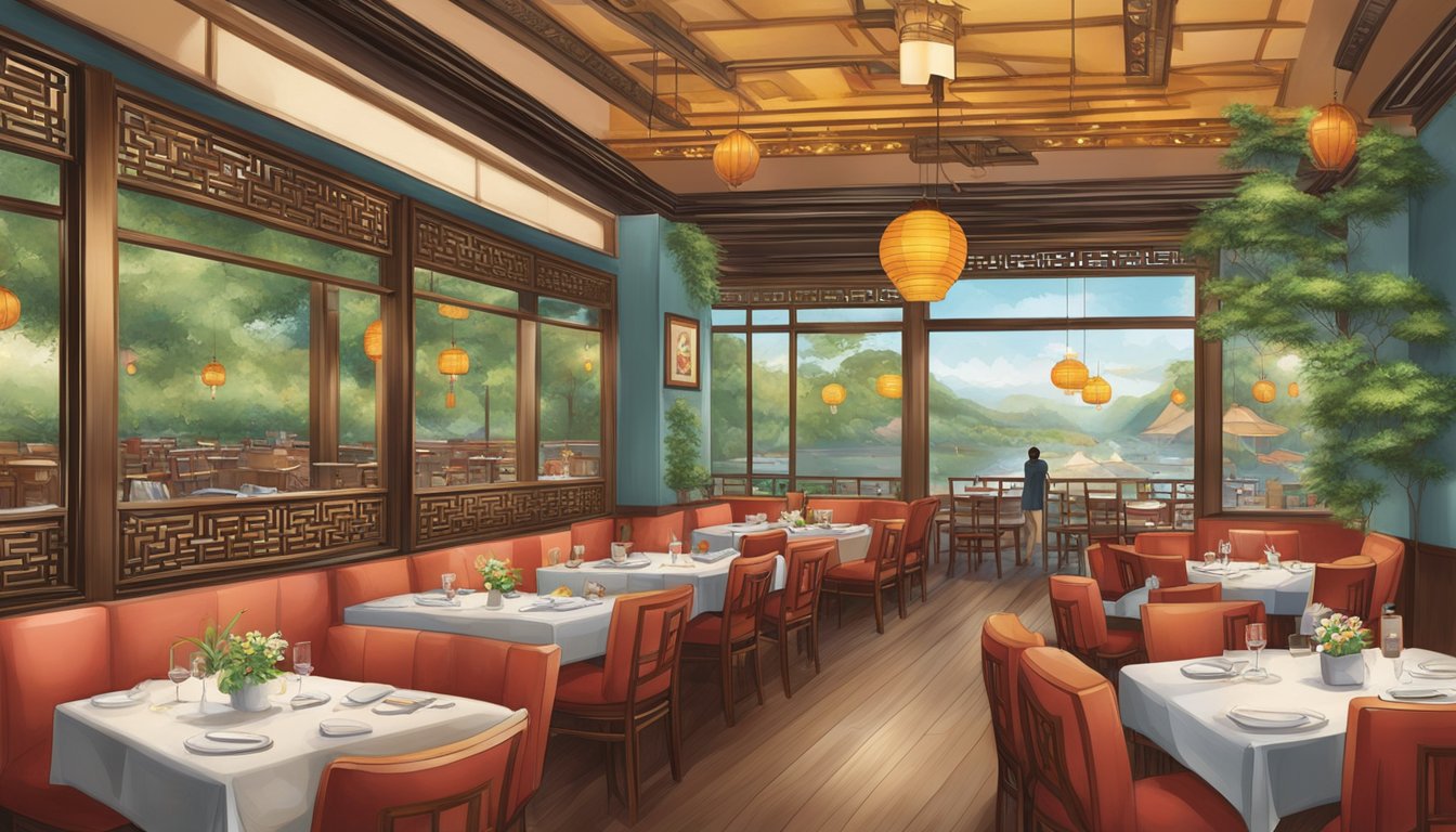 The Song Garden Chinese restaurant bustles with diners, the aroma of sizzling dishes fills the air, and traditional Chinese décor adorns the walls