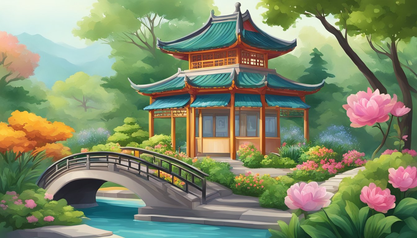 A colorful garden setting with a pagoda and a pond, surrounded by lush greenery and blooming flowers, with the sign "Culinary Delights" above the entrance to the Chinese restaurant