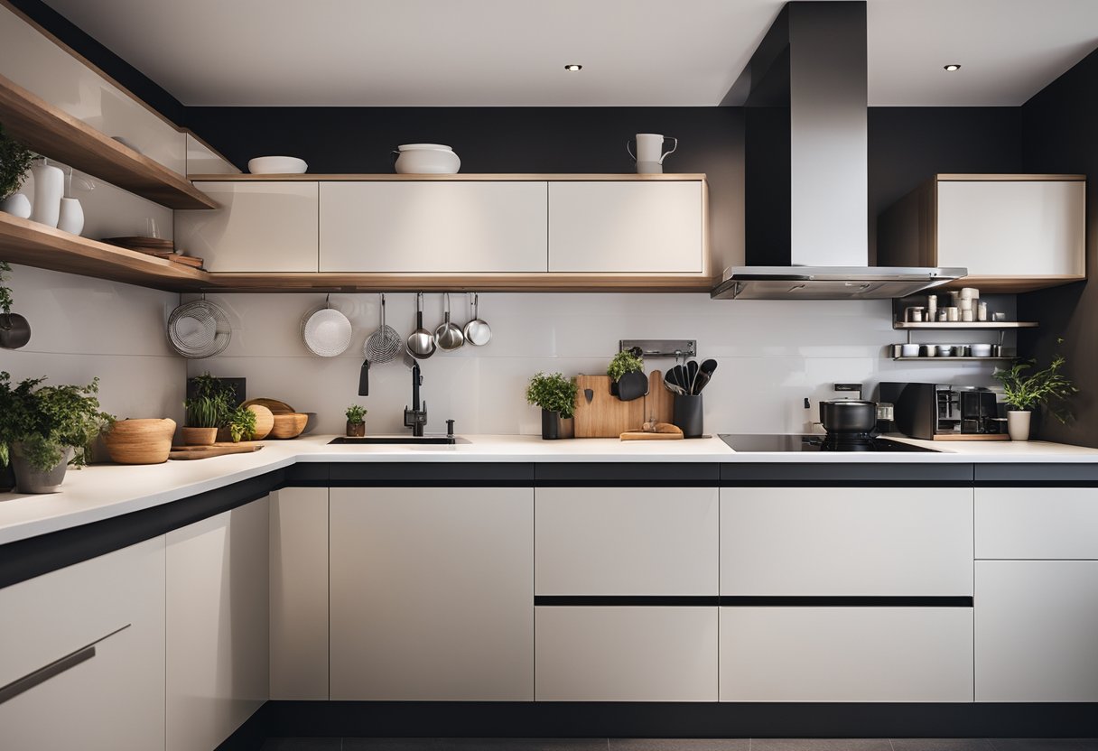 A modern kitchen with standard dimensions, clear work zones, and efficient storage solutions