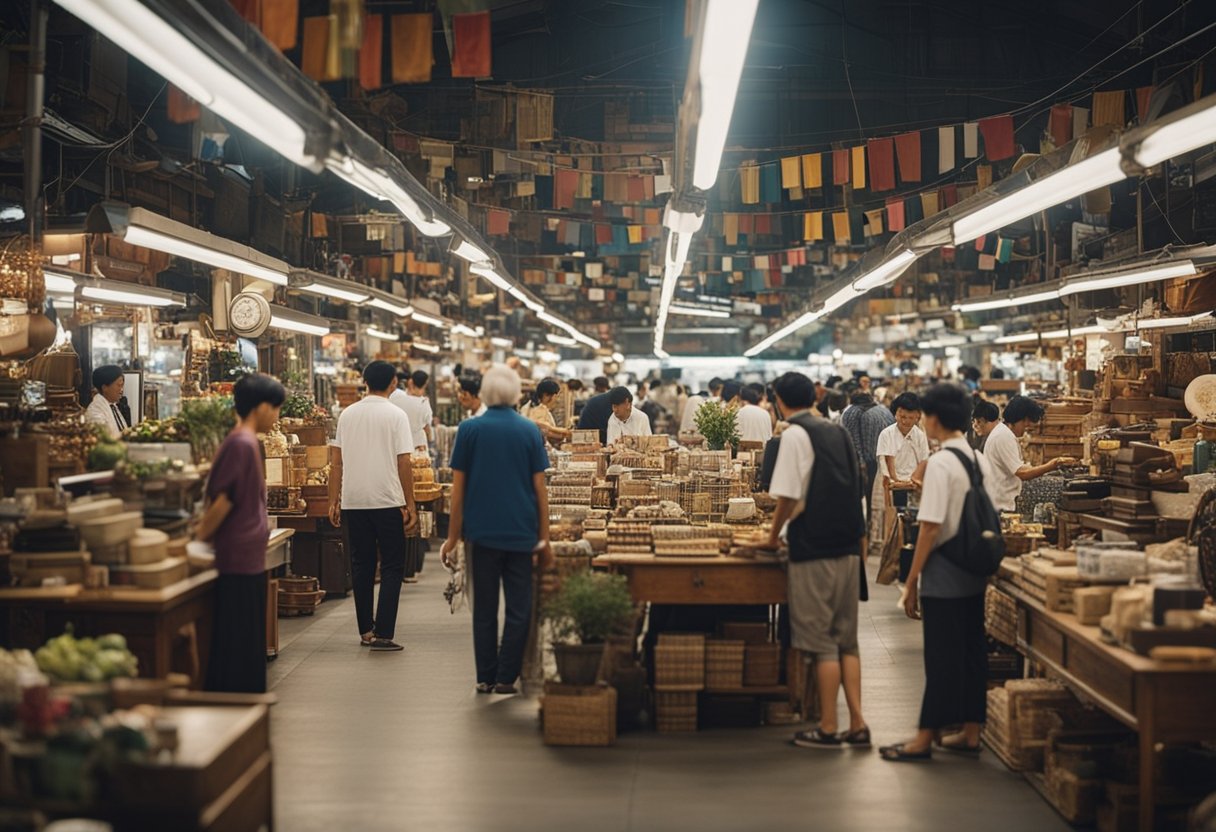 A bustling market with rows of vintage furniture and decor. Shoppers browse through eclectic second-hand treasures in a vibrant Singapore setting
