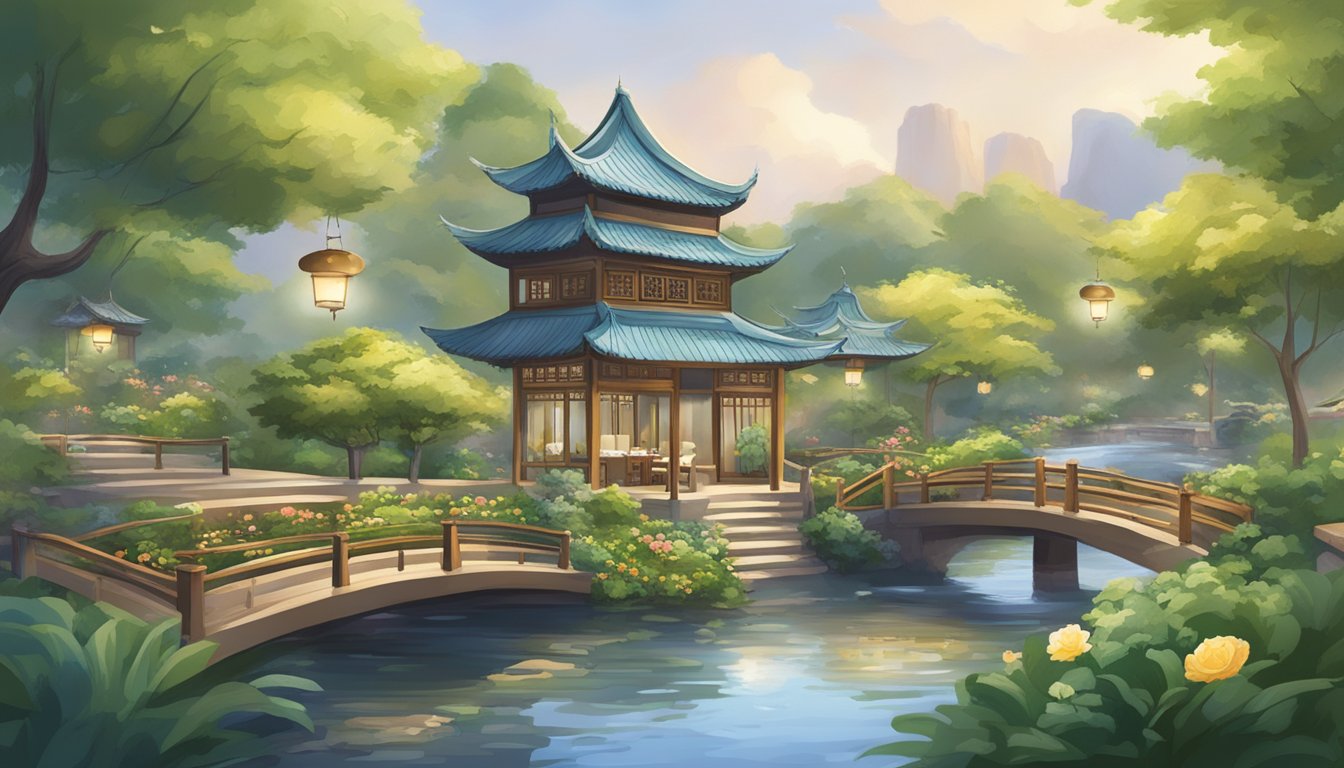 A serene garden with lanterns, lush greenery, and a flowing stream. Tables are set with elegant place settings, and the aroma of delicious Chinese cuisine fills the air