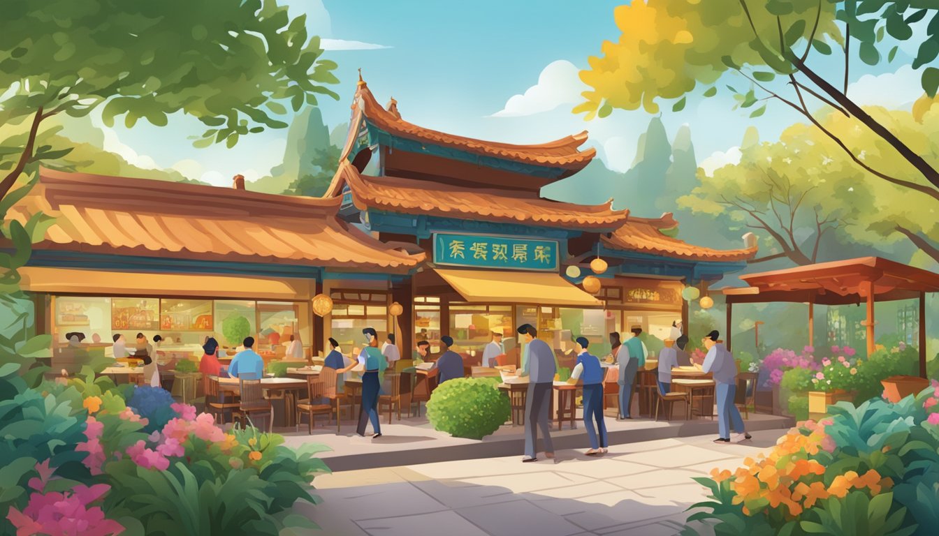 A bustling Chinese restaurant with a sign reading "Frequently Asked Questions" in a vibrant, colorful garden setting