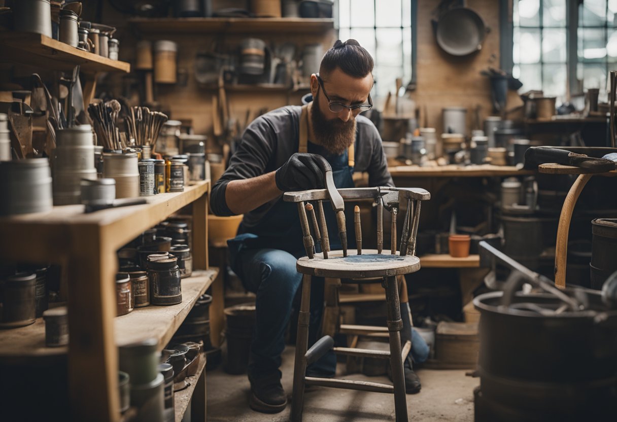 A person painting and refurbishing a worn-out chair in a cozy workshop, surrounded by various tools and paint cans