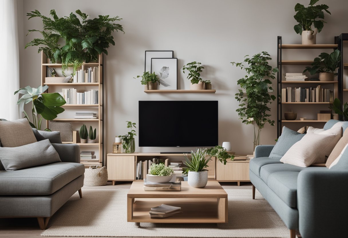 A cozy living room with modern furniture and plants. A bookshelf filled with books, a comfortable sofa, and a coffee table with a vase of flowers