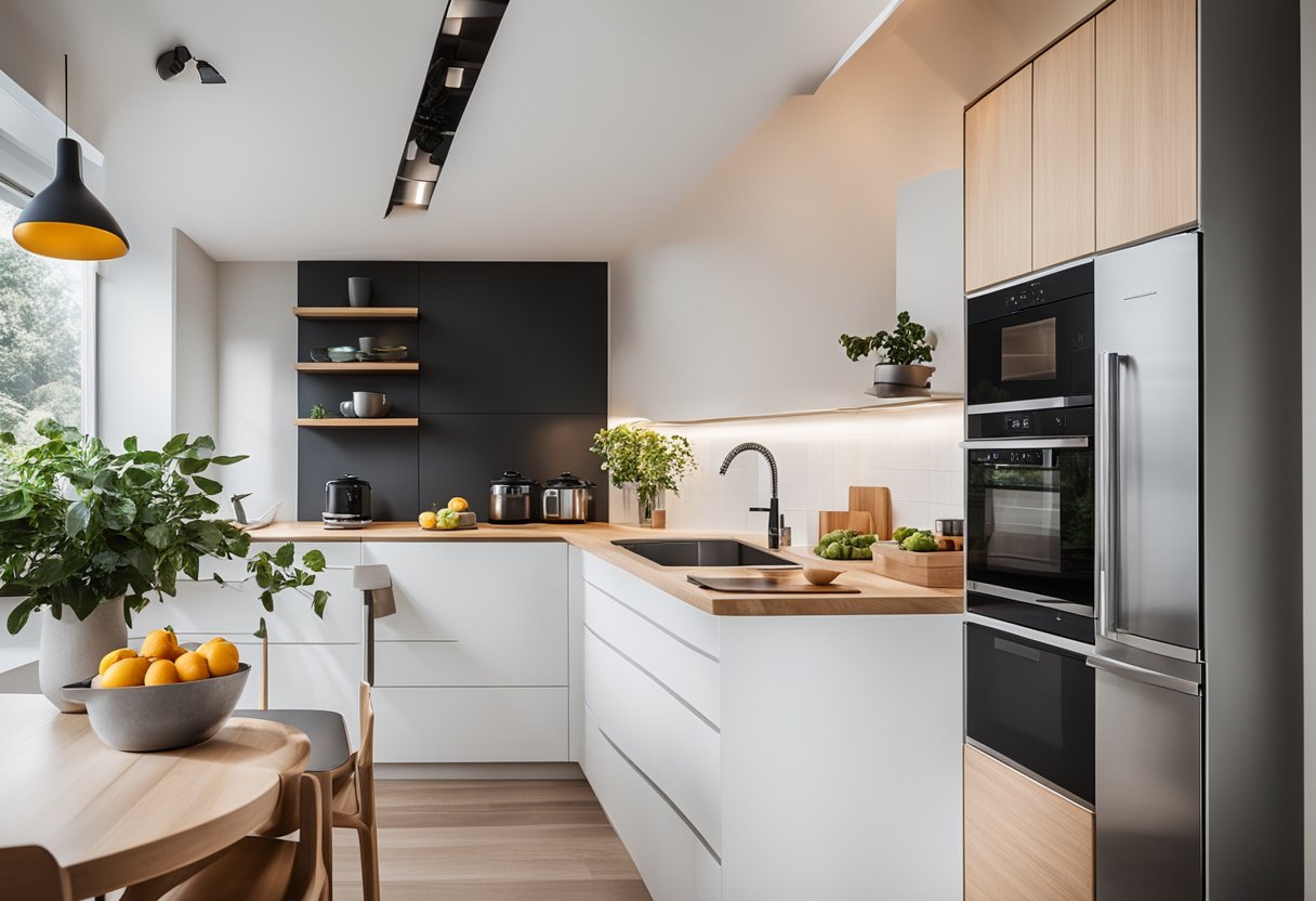 A cozy kitchen with sleek countertops, space-saving storage solutions, and modern appliances. Bright natural lighting and pops of color add warmth to the minimalist design