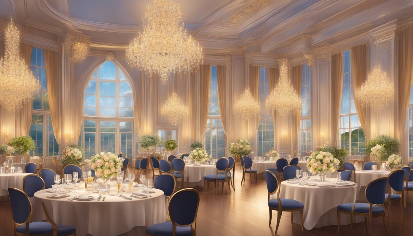 A grand dining hall filled with elegant tables, each adorned with fine china and sparkling glassware. The room is bathed in warm, soft lighting, creating a luxurious and inviting atmosphere