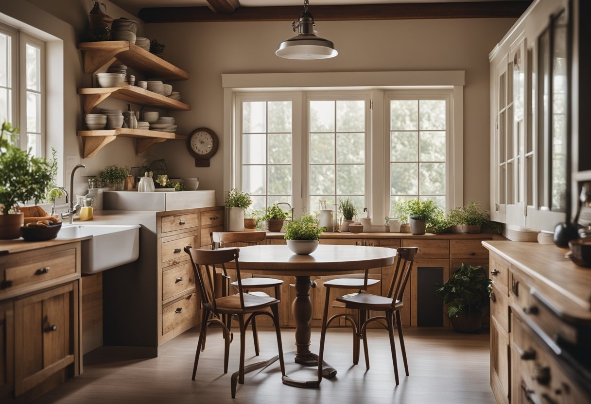 A cozy kitchen with wooden cabinets, a farmhouse sink, and a small breakfast nook with a round table and two chairs