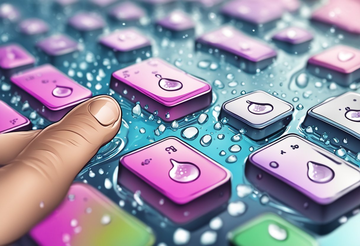 A finger pressing a waterproof membrane switch with water droplets on its surface