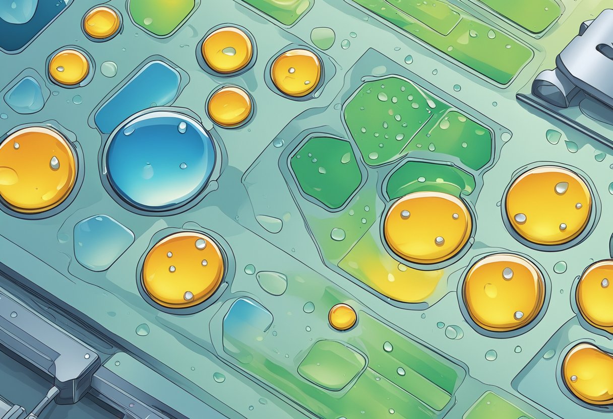 A waterproof membrane switch is being pressed, with water droplets sliding off its surface