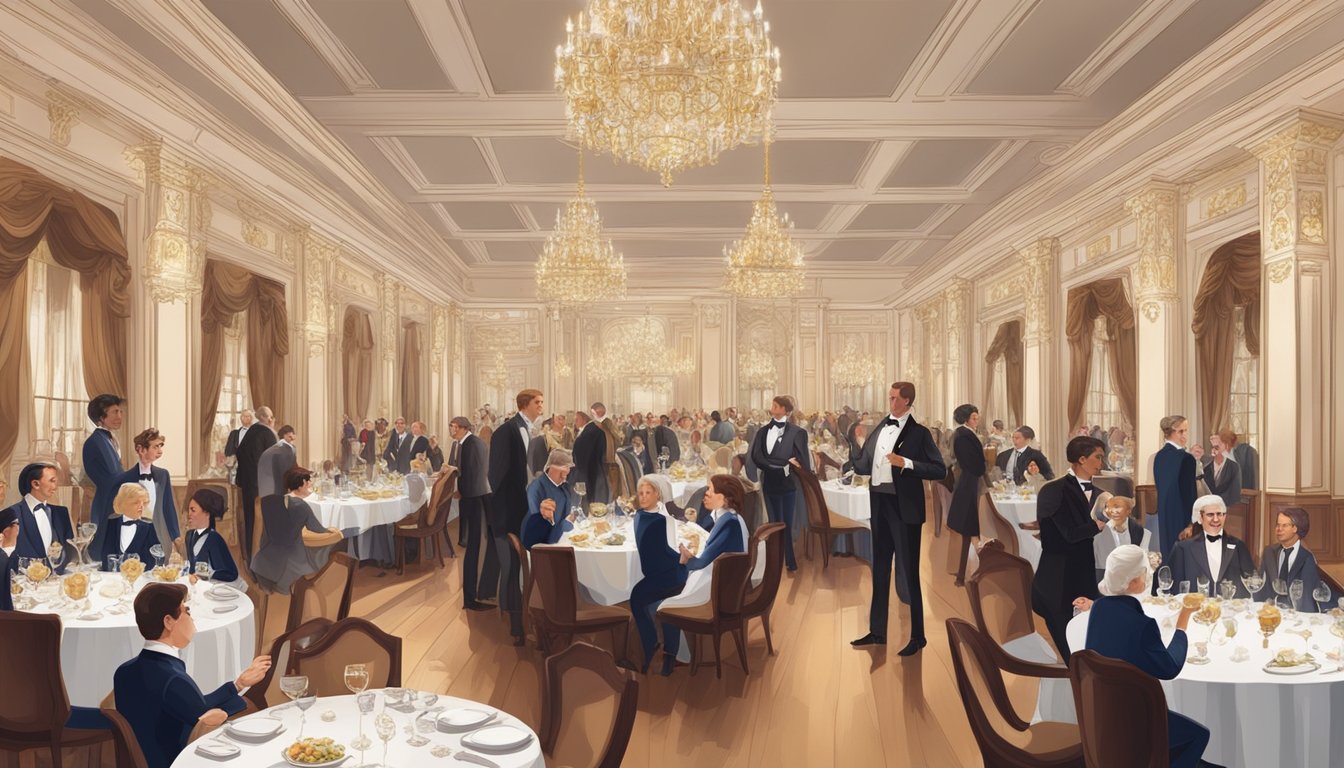 A grand dining hall with elegant decor, filled with people enjoying exquisite cuisine and fine wines