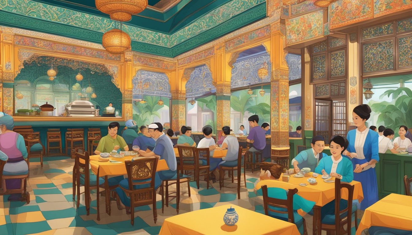 A bustling Peranakan restaurant with vibrant decor, ornate furniture, and colorful traditional tiles. Tables are set with intricate tableware and diners enjoy aromatic dishes