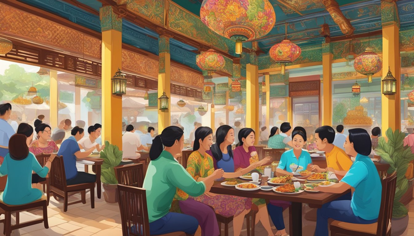Customers enjoying vibrant Peranakan dishes in a bustling restaurant adorned with intricate traditional decor. Aromatic spices fill the air as colorful plates are served