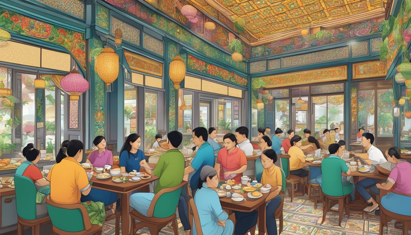 A bustling Peranakan restaurant with colorful decor, intricate tiling, and aromatic dishes being served to eager customers