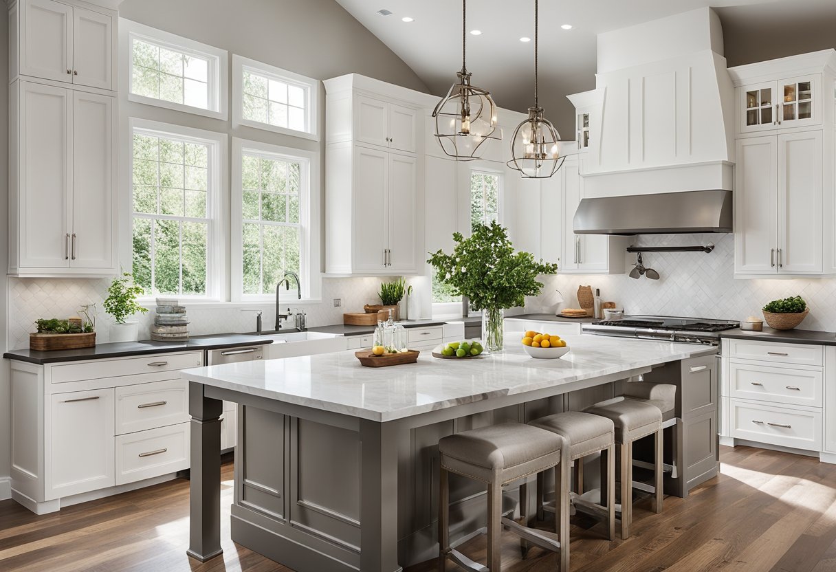 A spacious, bright kitchen with sleek, white cabinetry, stainless steel appliances, and a large farmhouse sink. A large island with a marble countertop sits in the center, surrounded by natural wood floors and plenty of natural light
