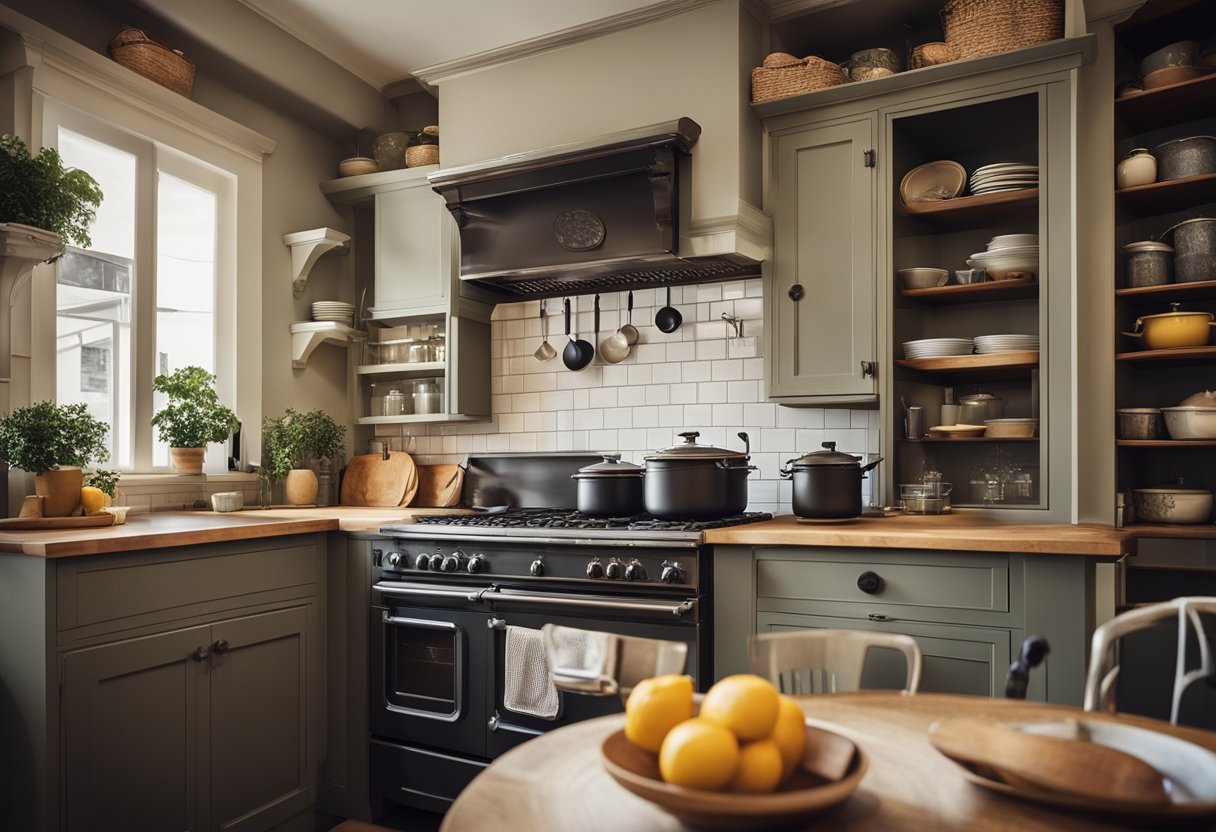 A cozy, compact kitchen with classic cabinetry, a vintage stove, and a small dining nook. Shelves display traditional cookware and utensils