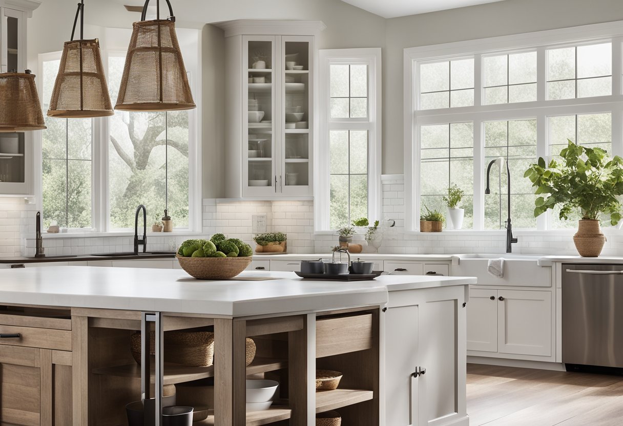 A spacious kitchen with white shaker cabinets, subway tile backsplash, farmhouse sink, and rustic wood accents. Large windows let in natural light, highlighting the clean and timeless design