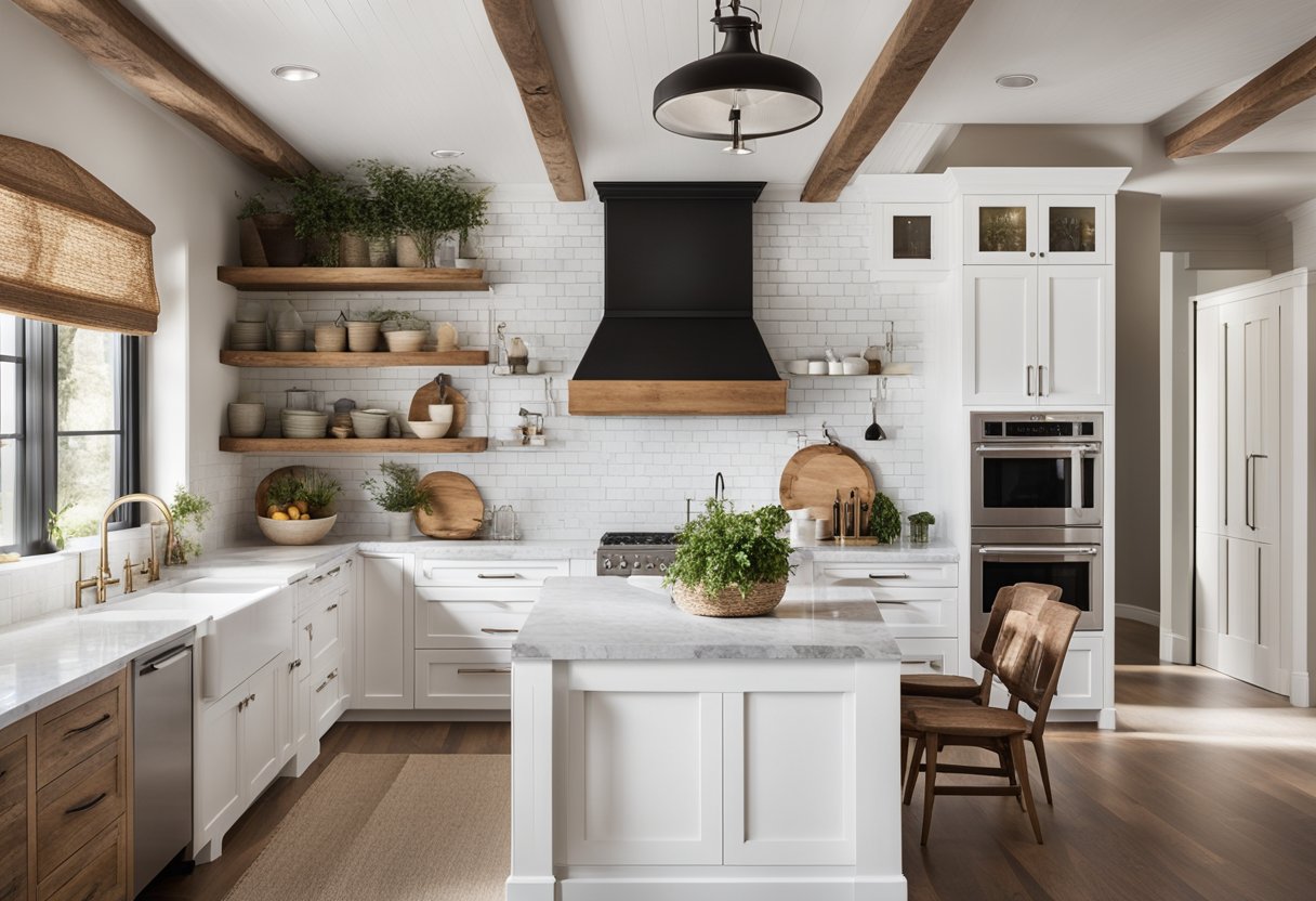 A modern farmhouse kitchen with sleek white cabinets, rustic wooden beams, and a large farmhouse sink. A marble countertop and subway tile backsplash add a touch of elegance