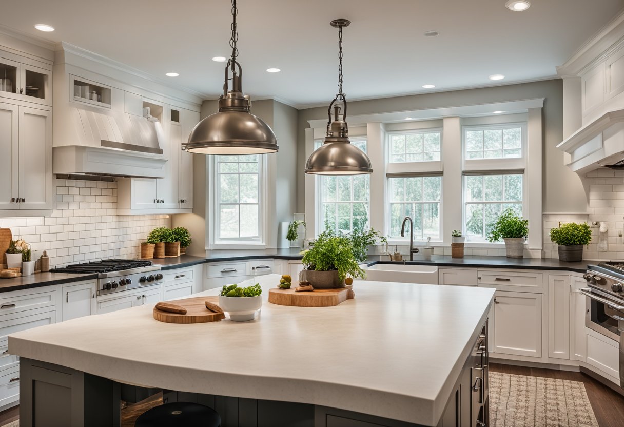 A spacious, bright kitchen with open shelving, subway tile backsplash, and a large farmhouse sink. The center island features a butcher block countertop and modern pendant lighting