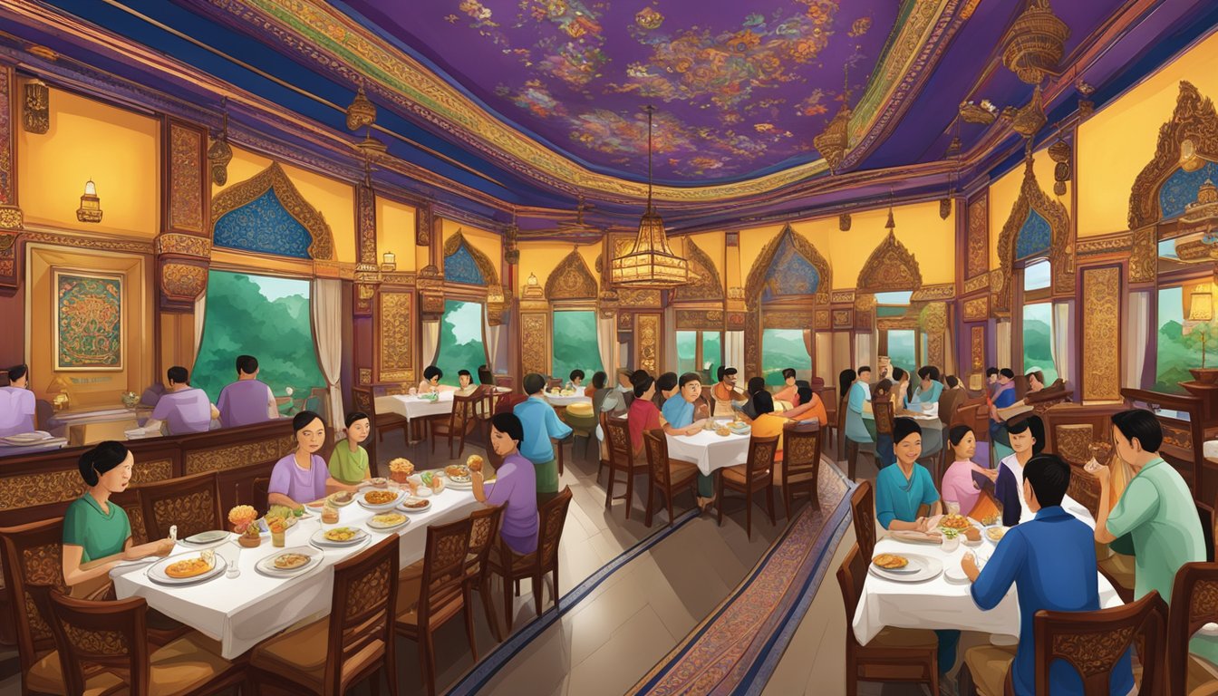 The Yhingthai Palace restaurant bustles with diners enjoying traditional Thai cuisine in a vibrant, ornately decorated space filled with rich colors and intricate details