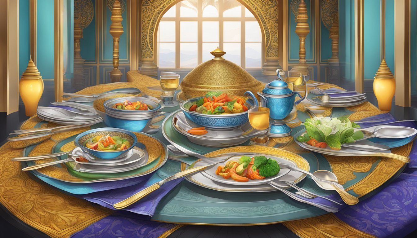A table set with colorful dishes and ornate cutlery at Yhingthai Palace restaurant