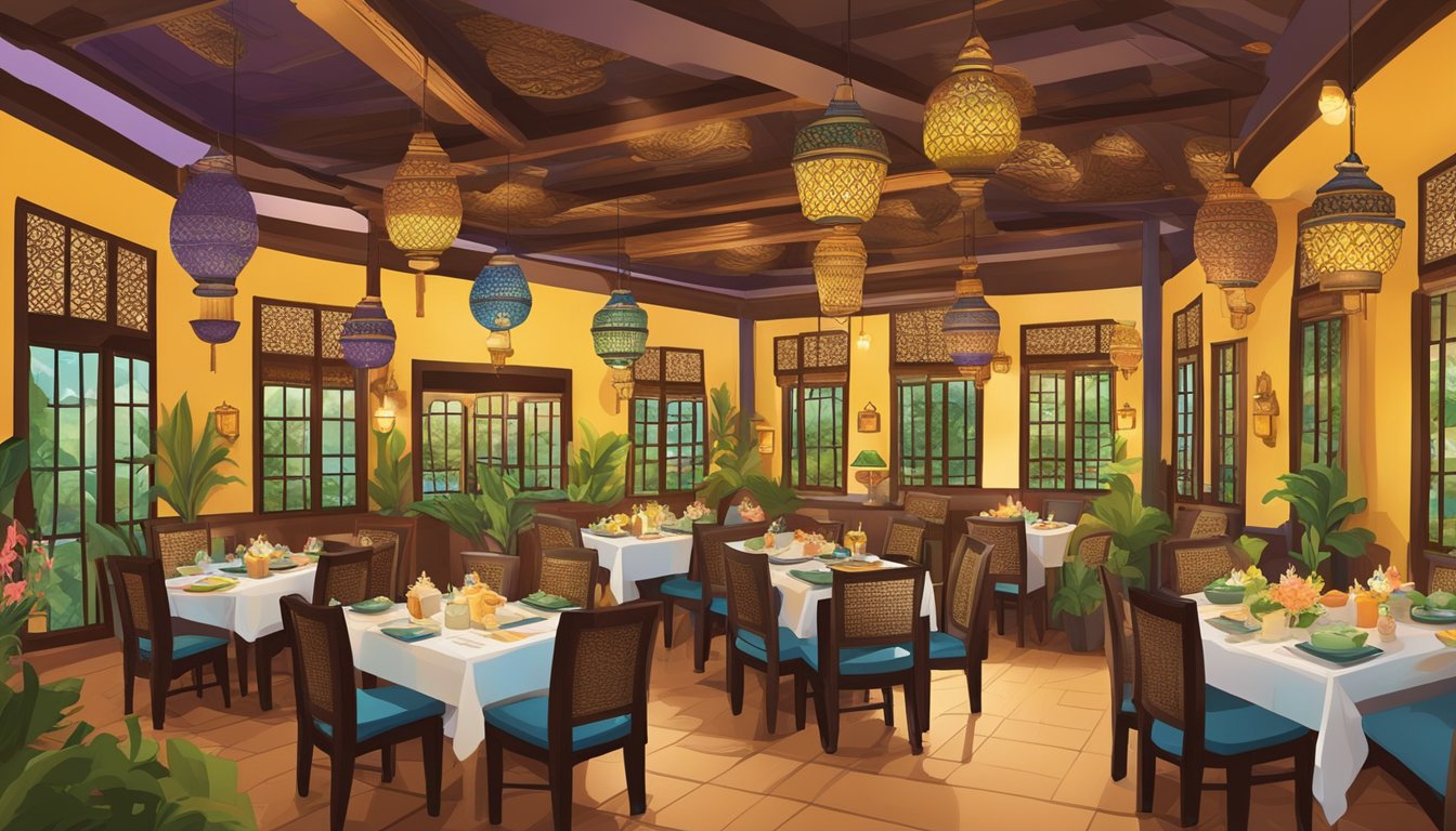 Tables filled with happy diners enjoying authentic Thai cuisine at Yhingthai Palace restaurant. Colorful decor and warm lighting create a welcoming atmosphere