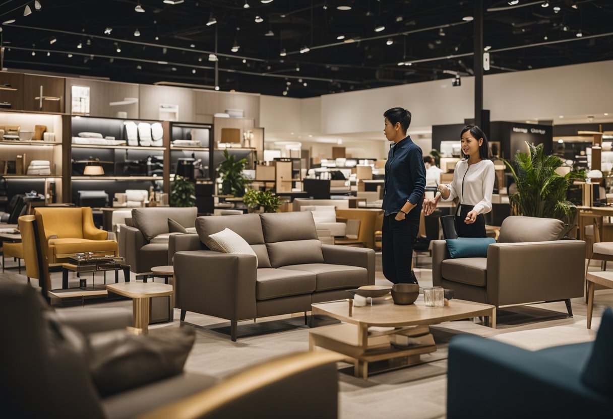 Customers browsing furniture displays, staff assisting, and easy access to products at Ashley Furniture Singapore