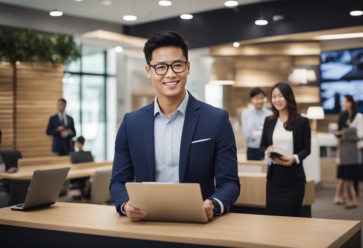 A customer service representative at Ashley Furniture Singapore addressing a group of customers with a FAQ board in the background