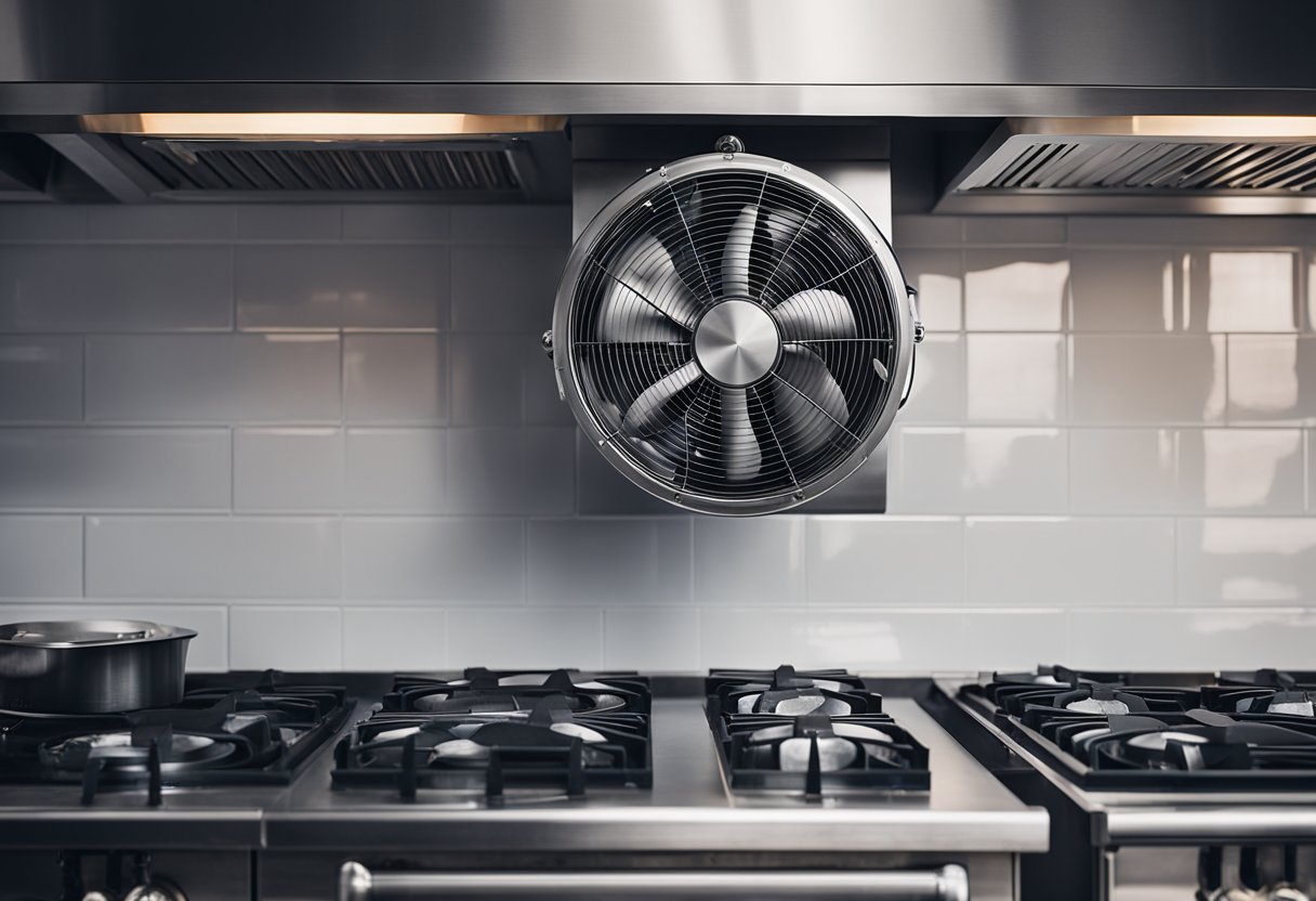 A stainless steel kitchen exhaust duct with a powerful fan mounted on the wall, surrounded by steam and smoke from cooking appliances