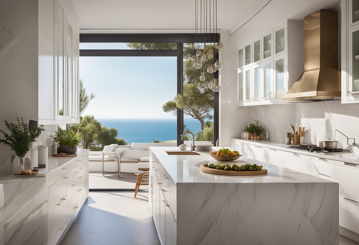 A spacious, sunlit kitchen with sleek white cabinets, marble countertops, and a large island. A wall of windows showcases a stunning view of the Mediterranean sea