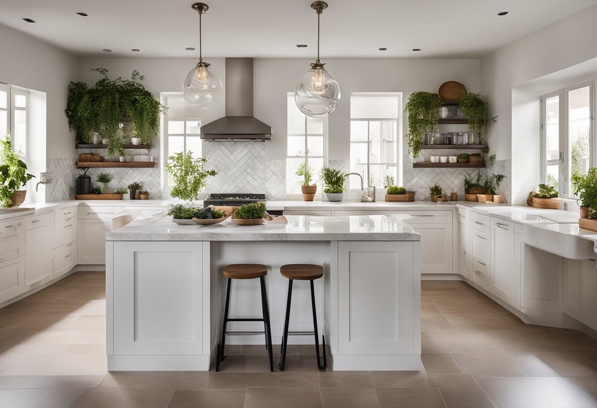 A modern Mediterranean kitchen with sleek white cabinets, marble countertops, and a large island with a built-in stove. The space is filled with natural light and adorned with potted herbs and colorful ceramic tiles
