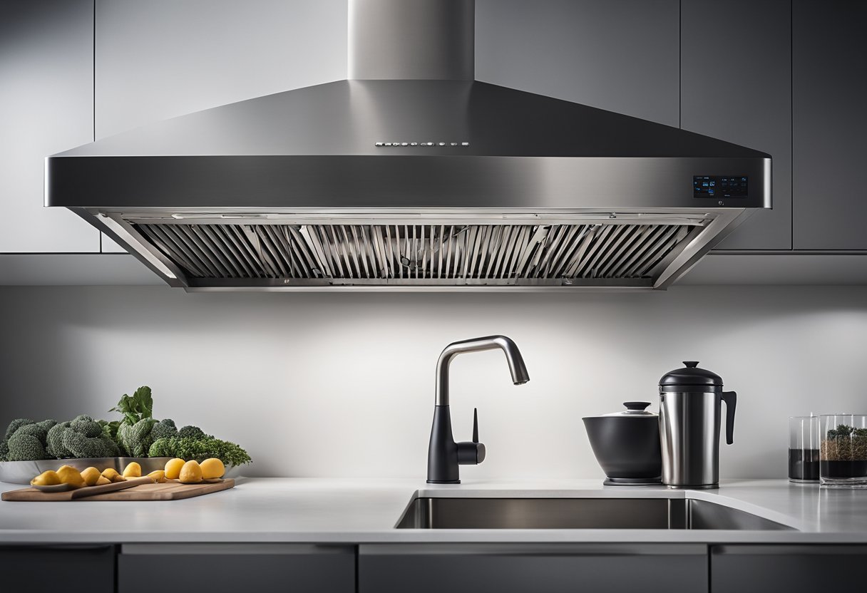 A sleek and modern kitchen exhaust duct system, with efficient air flow and minimal maintenance requirements, designed for optimal performance