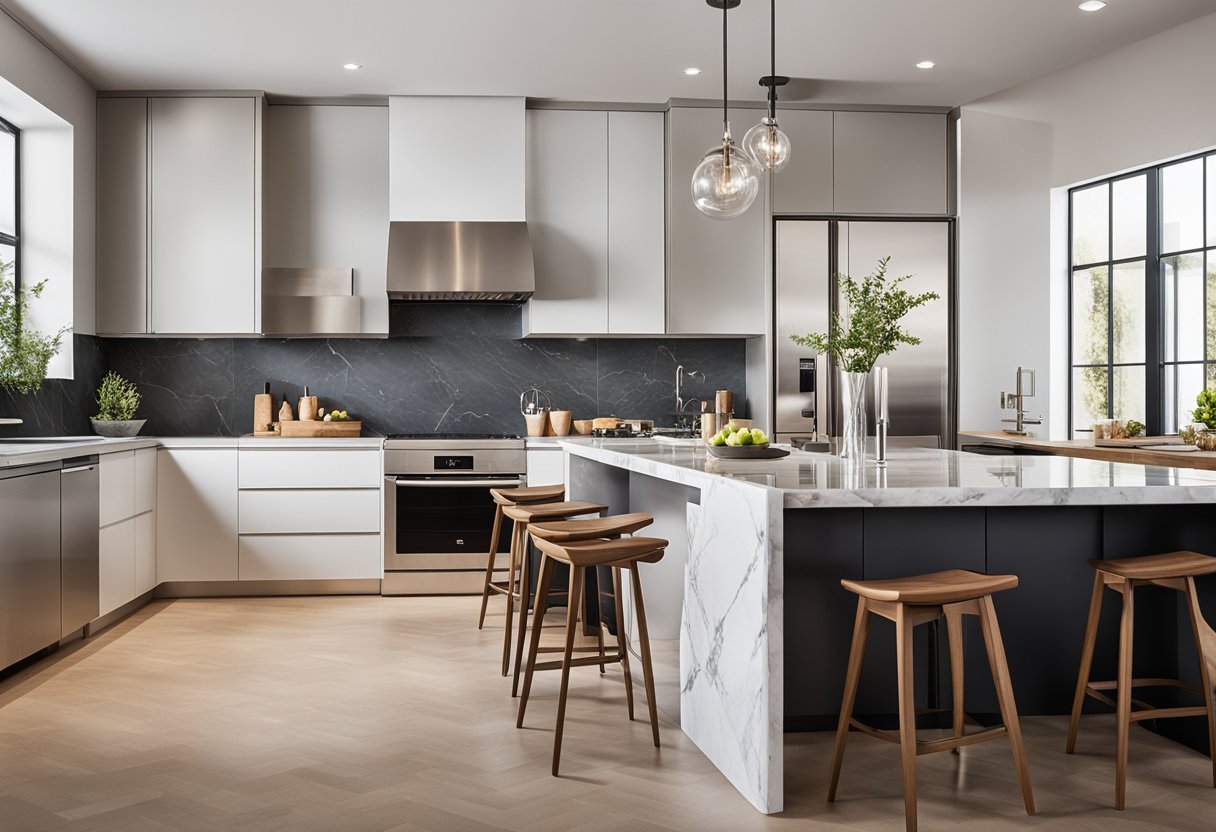A sleek, open-plan kitchen with clean lines, marble countertops, and stainless steel appliances. A large island serves as the focal point, while warm wood accents add a touch of Mediterranean charm